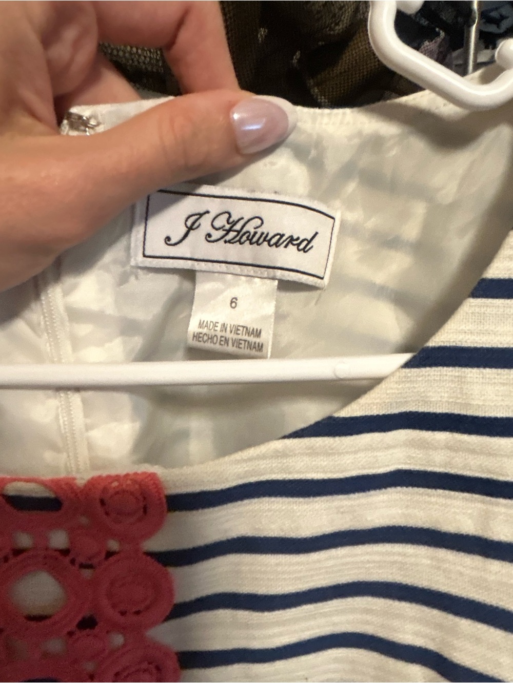J. Howard Women's Navy & White Striped Blouse with Pink Crochet Trim
